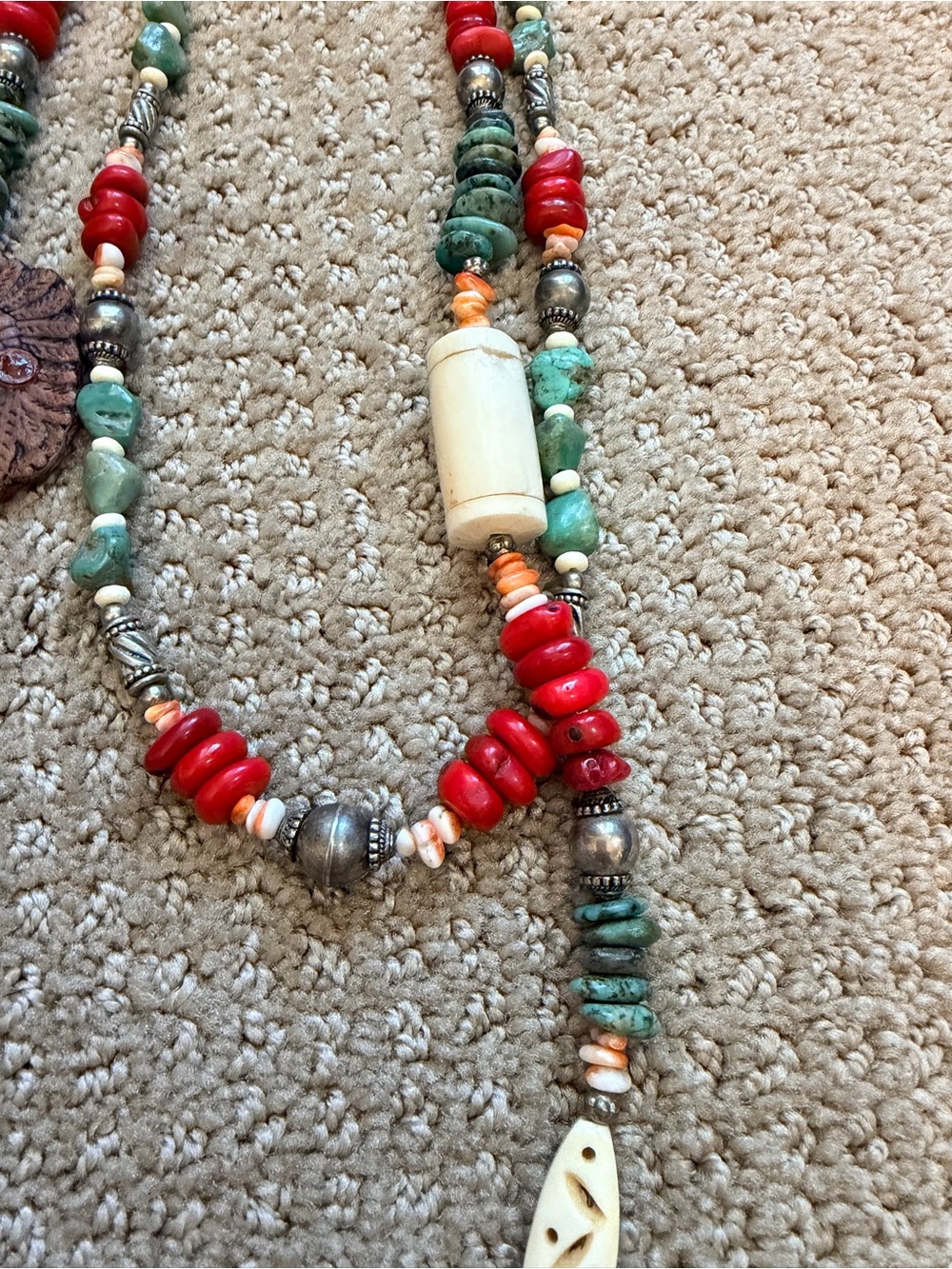 Carved Bone & Leather Chief Necklace w Heish Turquoise, Coral, Spiney Oyster - Picture 9 of 11